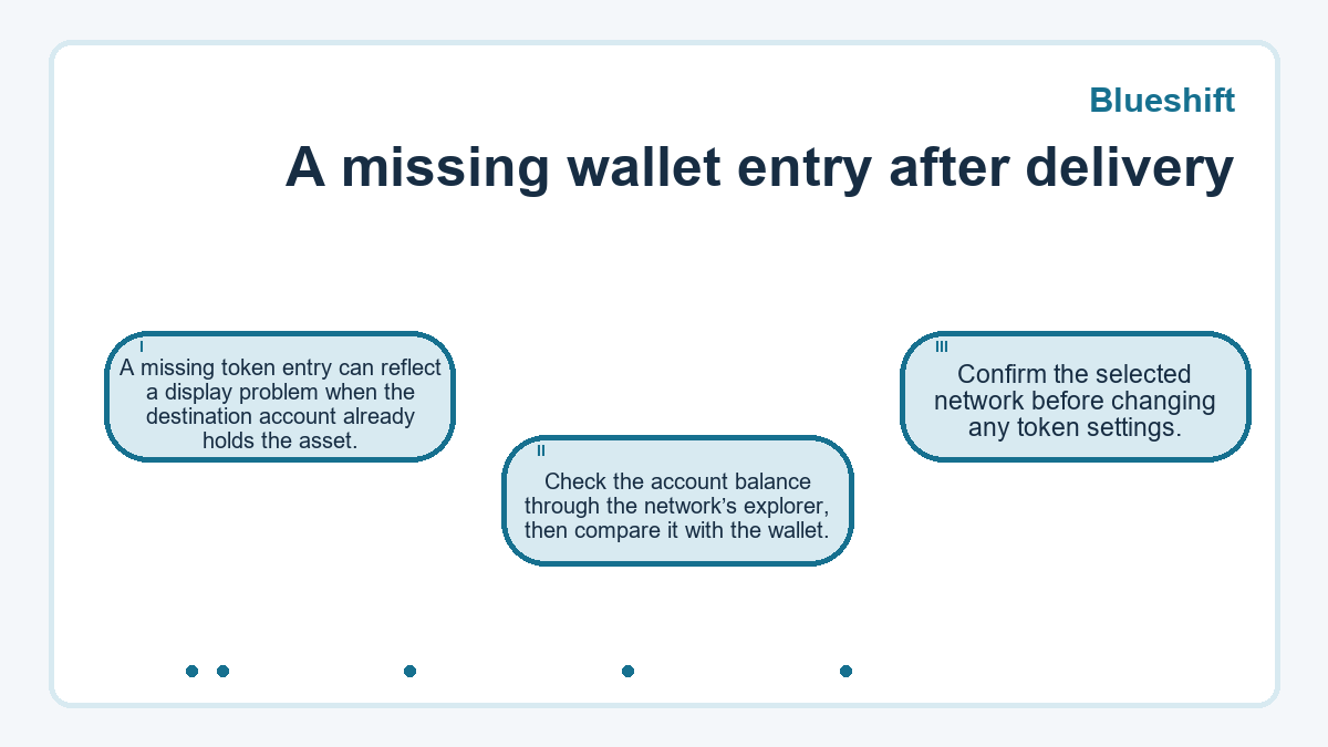 A missing wallet entry after delivery: A missing token entry can reflect a display problem when the destination account already holds the asset.; Check the account balance through the network’s explorer, then compare it with the wallet.; Confirm the selected network before changing any token settings.