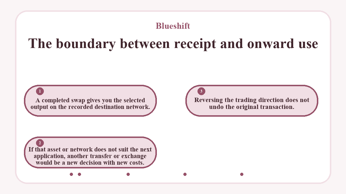 The boundary between receipt and onward use: A completed swap gives you the selected output on the recorded destination network.; If that asset or network does not suit the next application, another transfer or exchange would be a new decision with new costs.; Reversing the trading direction does not undo the original transaction.